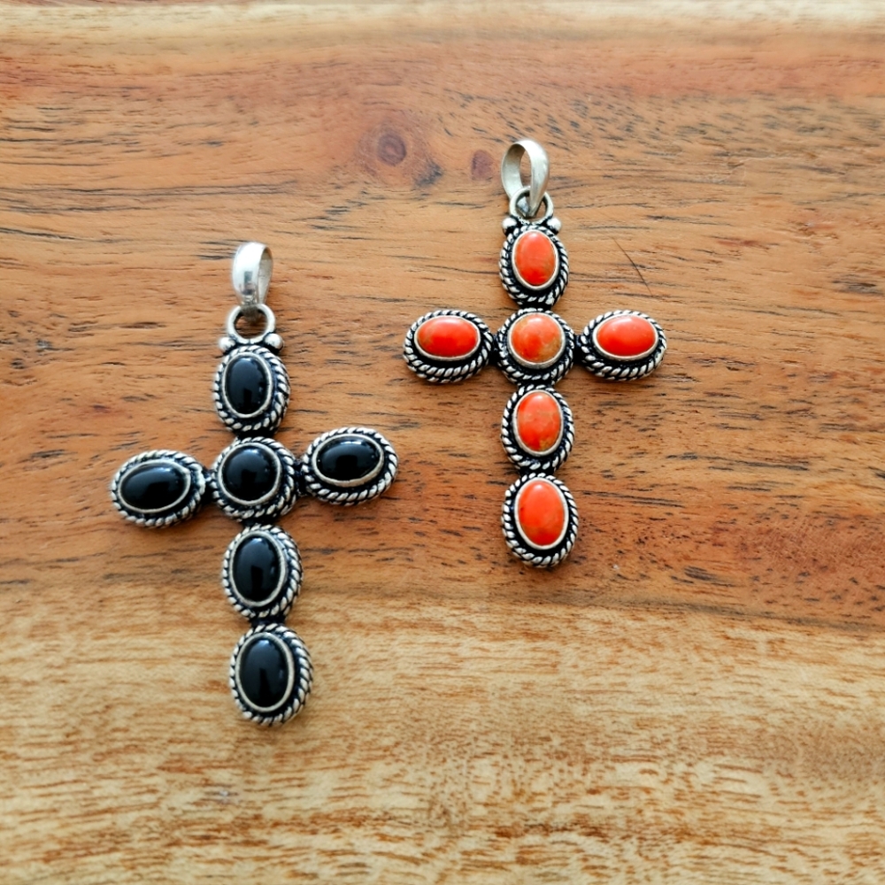 2 Sterling Silver Cross Pendants 🌟 Onyx & Red Coral